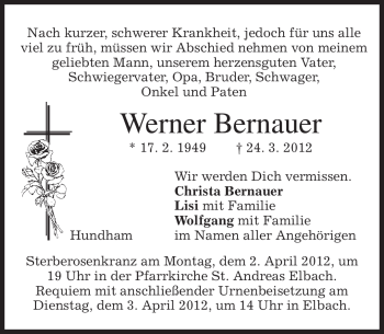 Todesanzeige von Werner Bernauer von MERKUR & TZ