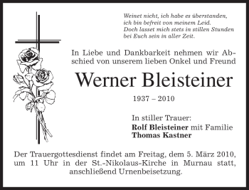 Todesanzeige von Werner Bleisteiner von MERKUR & TZ