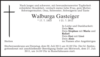 Todesanzeige von Walburga Gasteiger von MERKUR & TZ