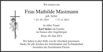 Todesanzeige von Mathilde Mastmann von MERKUR & TZ