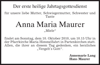 Todesanzeige von Anna Maria Maurer von MERKUR & TZ