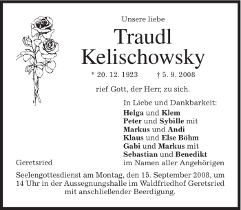 Todesanzeige von Traudl Kelischowsky von MERKUR & TZ