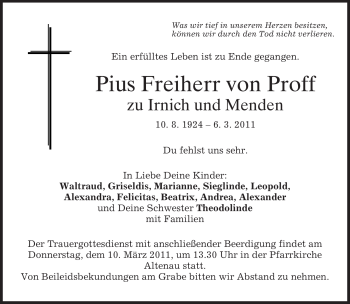 Todesanzeige von Pius von Proff zu Irnich und Menden von MERKUR & TZ