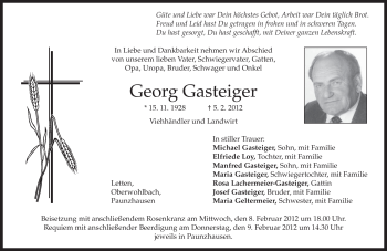 Todesanzeige von Georg Gasteiger von MERKUR & TZ