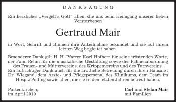 Todesanzeige von Gertraud Mair von MERKUR & TZ