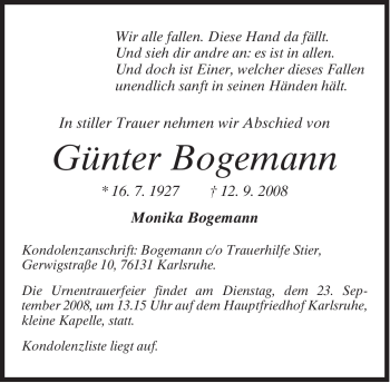 Todesanzeige von Günter Bogemann von MERKUR & TZ