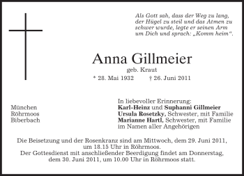 Todesanzeige von Anna Gillmeier von MERKUR & TZ