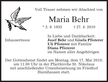 Todesanzeige von Maria Behr von MERKUR & TZ