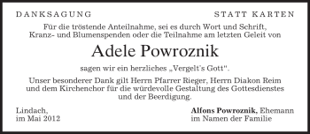 Todesanzeige von Adele Powroznik von MERKUR & TZ