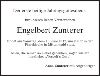 Todesanzeige von Engelbert Zunterer von MERKUR & TZ