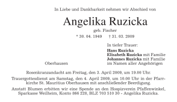 Todesanzeige von Angelika Ruzicka von MERKUR & TZ