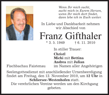Todesanzeige von Franz Gifthaler von MERKUR & TZ
