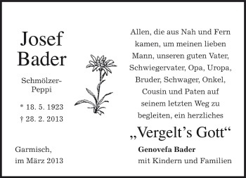 Todesanzeige von Josef Bader von Münchener Merkur