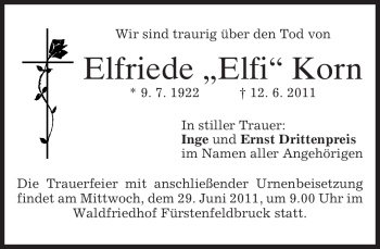 Todesanzeige von Elfriede Korn von MERKUR & TZ