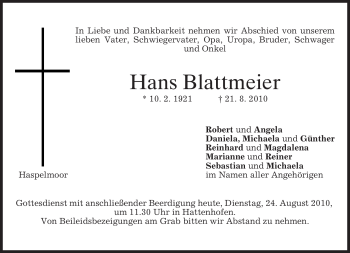 Todesanzeige von Hans Blattmeier von MERKUR & TZ