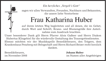 Todesanzeige von Katharina Huber von MERKUR & TZ