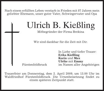 Todesanzeige von Ulrich B. Kießling von MERKUR & TZ