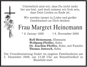 Todesanzeige von Margret Heinemann von MERKUR & TZ