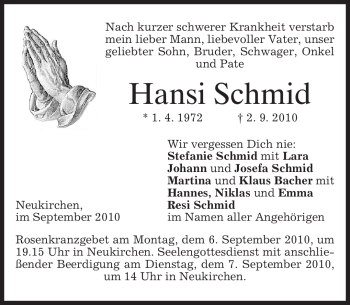 Todesanzeige von Hansi Schmid von MERKUR & TZ