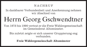 Todesanzeige von Georg Gschwendtner von MERKUR & TZ