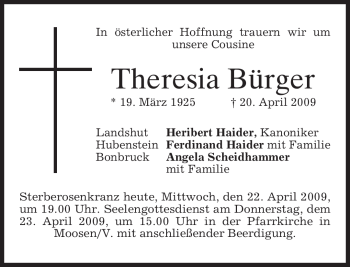 Todesanzeige von Theresia Bürger von MERKUR & TZ