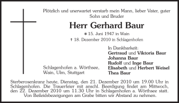 Todesanzeige von Gerhard Baur von MERKUR & TZ