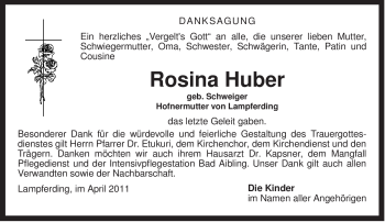 Todesanzeige von Rosina Huber von MERKUR & TZ