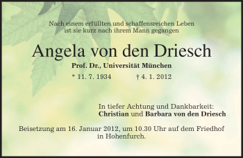 Todesanzeige von Angela von den Driesch von MERKUR & TZ