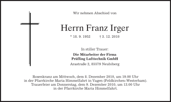 Todesanzeige von Franz Irger von MERKUR & TZ