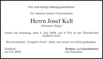 Todesanzeige von Josef Kell von MERKUR & TZ