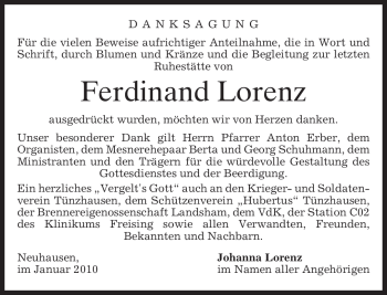 Todesanzeige von Ferdinand Lorenz von MERKUR & TZ