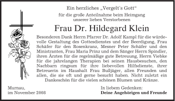 Todesanzeige von Hildegard Klein von MERKUR & TZ