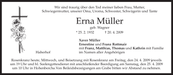 Todesanzeige von Erna Müller von MERKUR & TZ