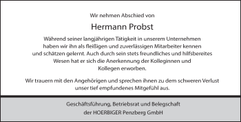 Todesanzeige von Hermann Probst von merkurtz
