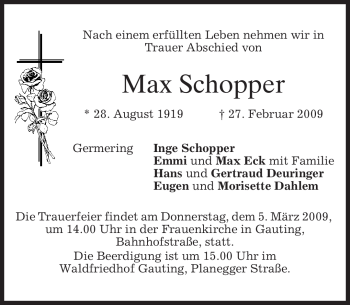 Todesanzeige von Max Schopper von MERKUR & TZ