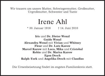 Todesanzeige von Irene Ahl von MERKUR & TZ