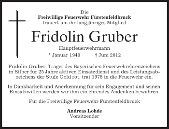 Todesanzeige von Fridolin Gruber von MERKUR & TZ