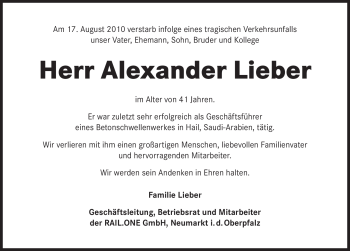 Todesanzeige von Alexander Lieber von MERKUR & TZ