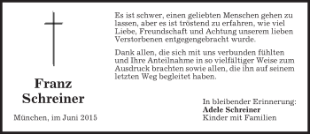 Todesanzeige von Franz Schreiner von merkurtz