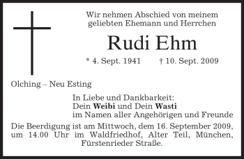 Todesanzeige von Rudi Ehm von MERKUR & TZ