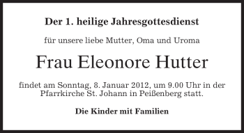 Todesanzeige von Eleonore Hutter von MERKUR & TZ