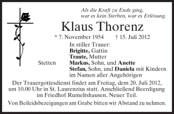 Todesanzeige von Klaus Thorenz von MERKUR & TZ