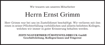 Todesanzeige von Ernst Grimm von MERKUR & TZ