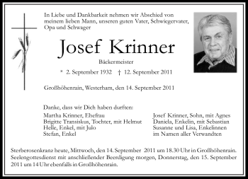 Todesanzeige von Josef Krinner von MERKUR & TZ