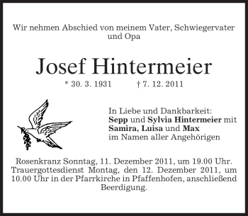 Todesanzeige von Josef Hintermeier von MERKUR & TZ