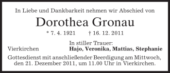 Todesanzeige von Dorothea Gronau von MERKUR & TZ