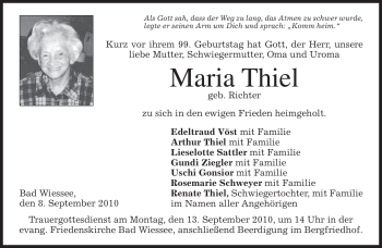 Todesanzeige von Maria Thiel von MERKUR & TZ