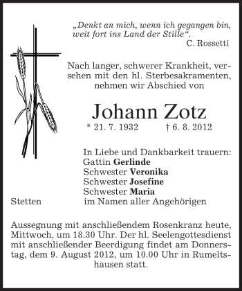 Todesanzeige von Johann Zotz von MERKUR & TZ
