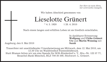 Todesanzeige von Lieselotte Grünert von MERKUR & TZ