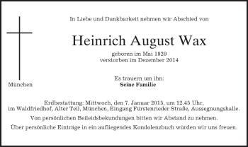 Todesanzeige von Heinrich August Wax von merkurtz